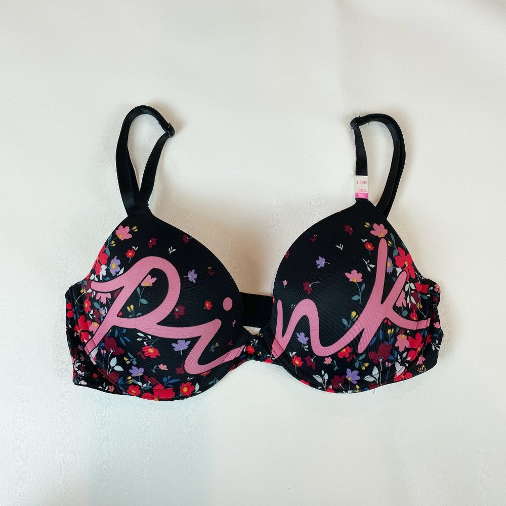 NWOT Victoria's Secret PINK Bra 32C Wear Everywhere T-Shirt Black Floral Logo